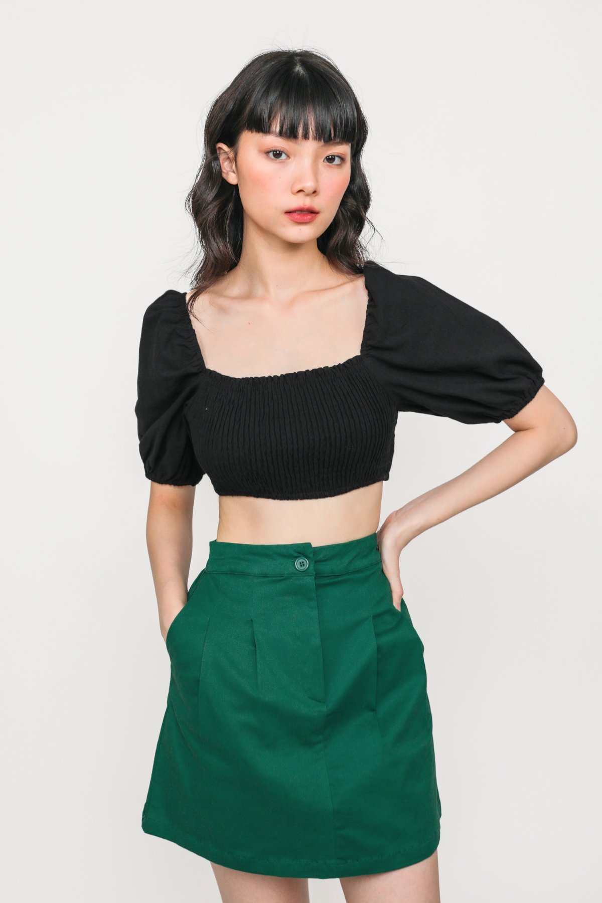 Effie Pleat Front Mini Skirt (Forest)