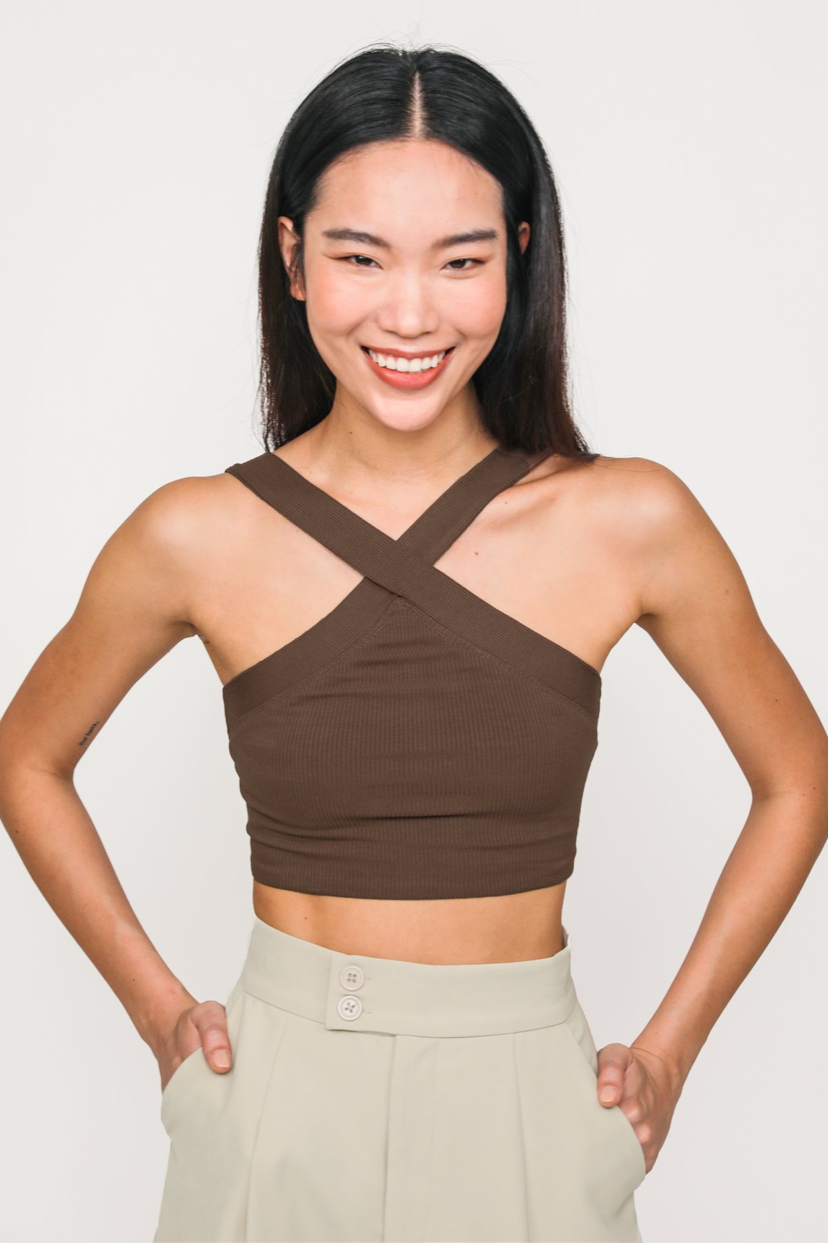Etta Cross Front Ribbed Top (Brown)
