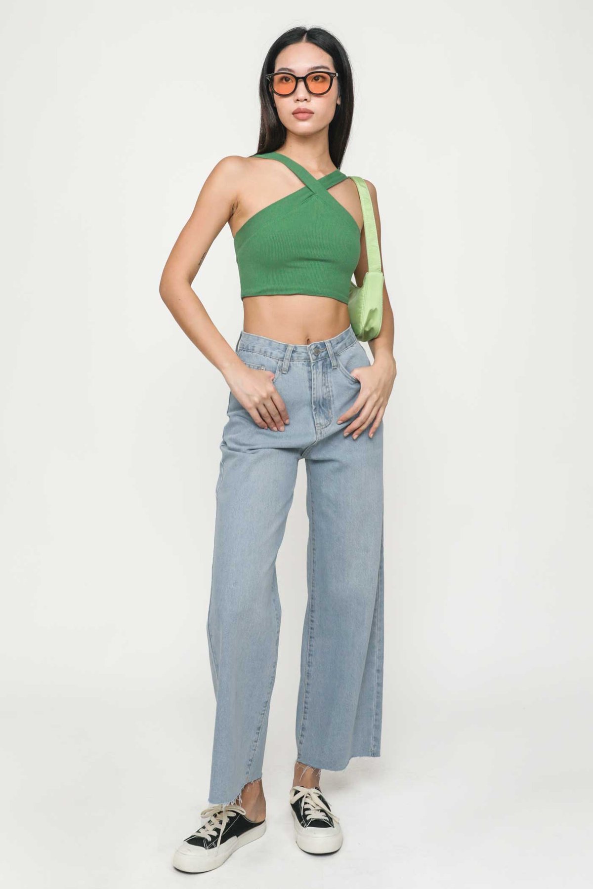 Zara High Waisted Pleated Cropped Denim Straight Leg Jeans in Green.  Medium, NWT