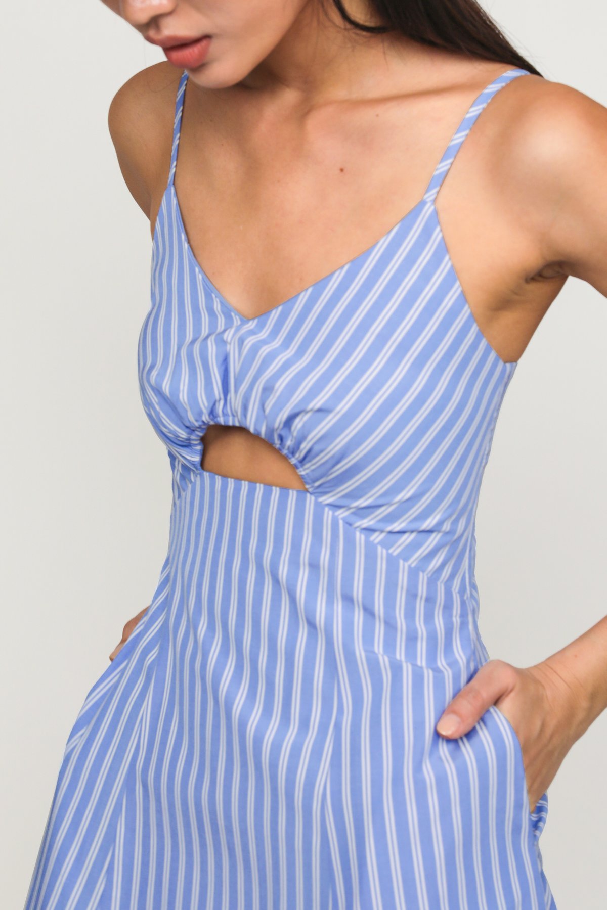 Celeste Padded Cutout Spag Dress (Blue Stripes)