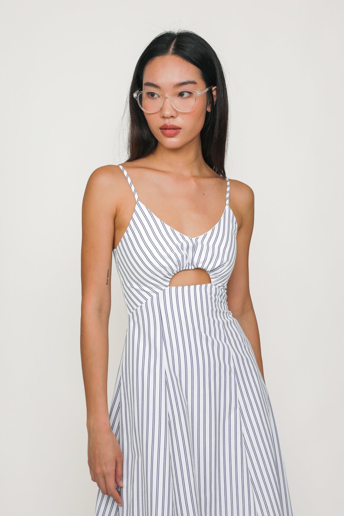Celeste Padded Cutout Spag Dress (White Stripes)