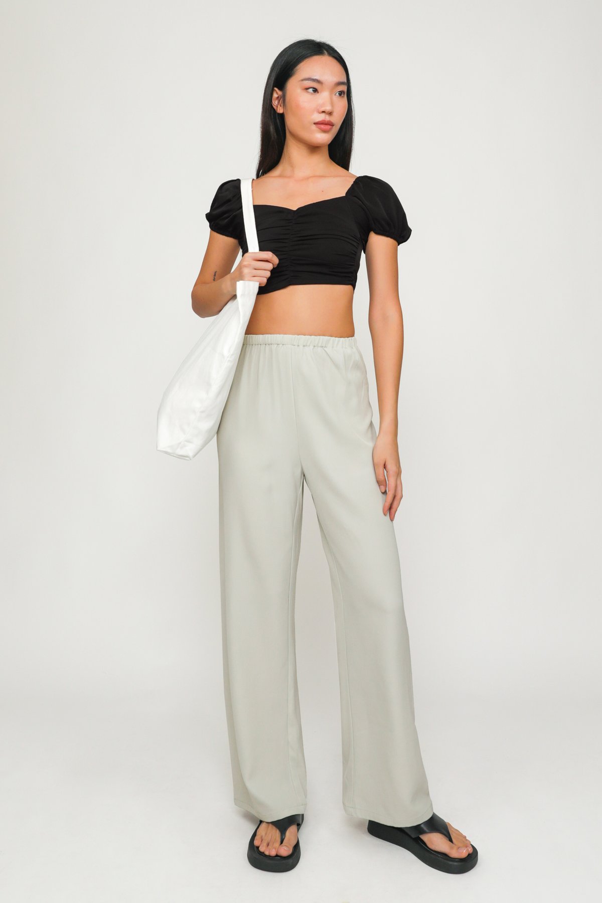 Giorgia Ruched Front Sleeve Crop Top (Black)