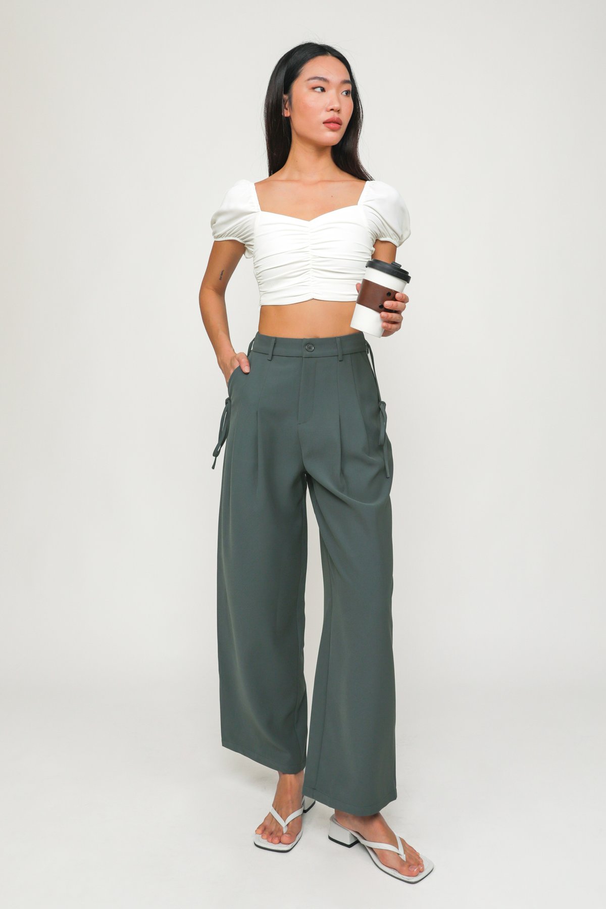 Giorgia Ruched Front Sleeve Crop Top (White)