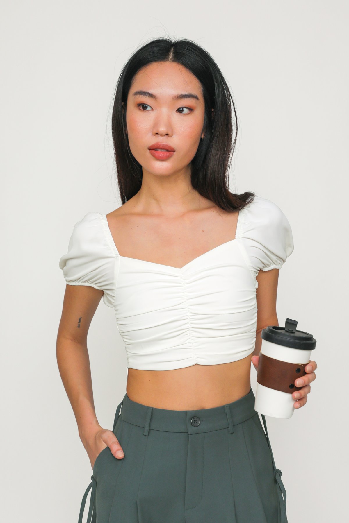 Giorgia Ruched Front Sleeve Crop Top (White)