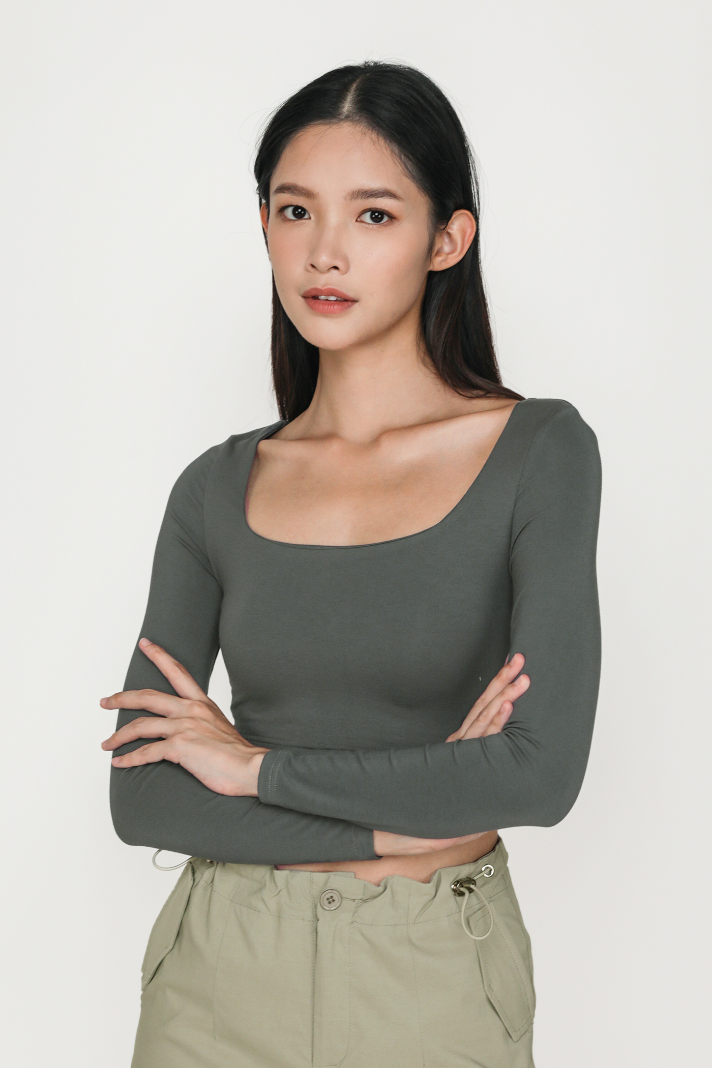 Avril Long Sleeve Padded Top (Slate Grey)