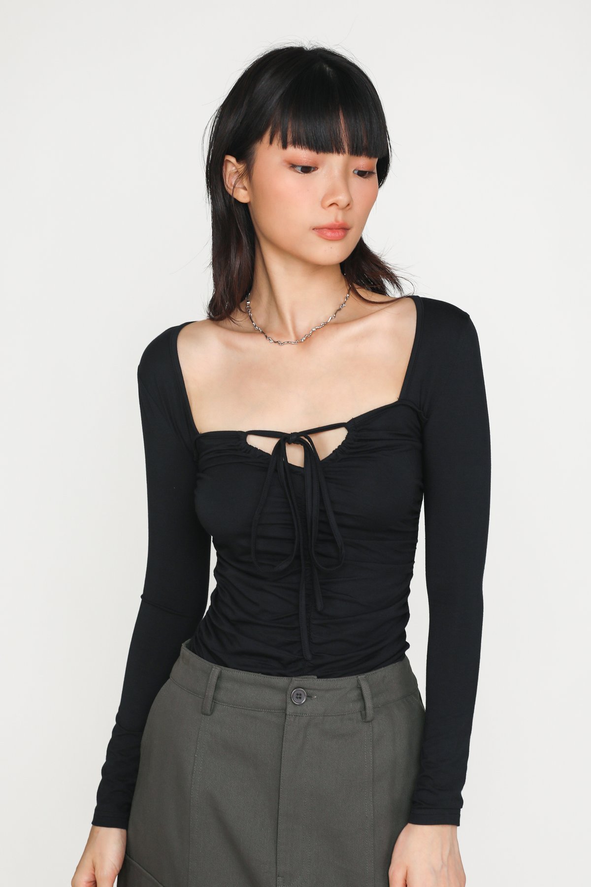 Nadine Ruched Front Long Sleeve Top (Black)