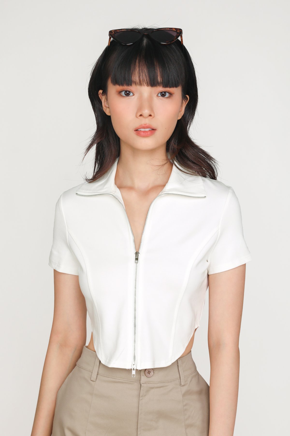 Oakly Zip Up Collared Top (Off White)