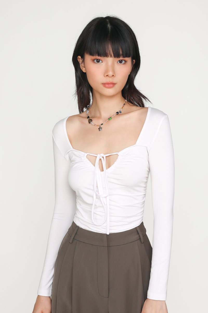 Nadine Ruched Front Long Sleeve Top (White) | The Tinsel Rack