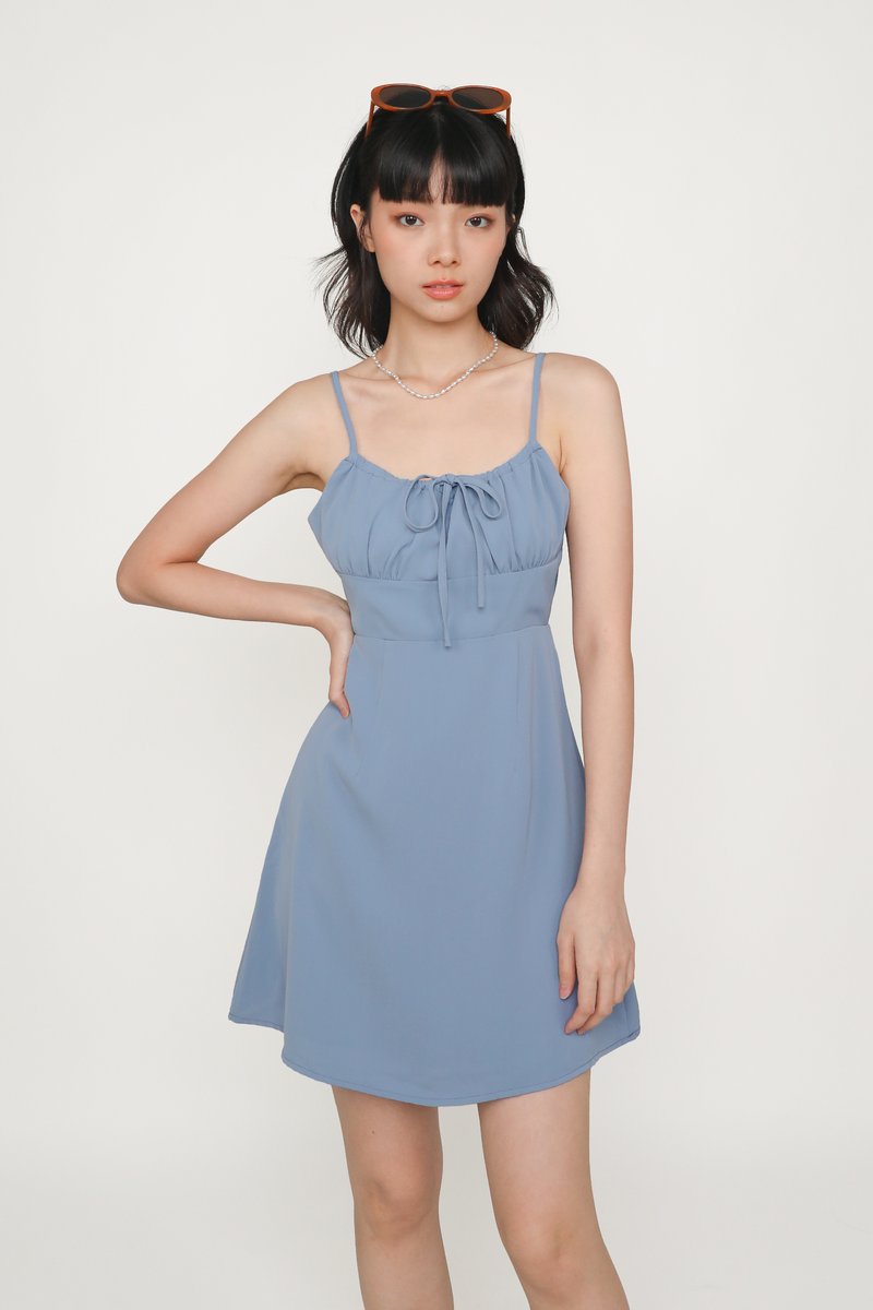 Carrissa Ruched Front Dress (Dusty Blue) | The Tinsel Rack