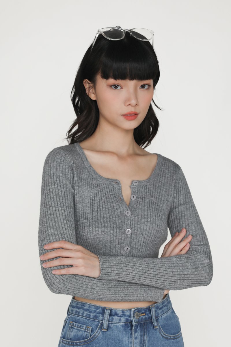 Sofia Long Sleeve Knit Button Top (Heather Grey) | The Tinsel Rack