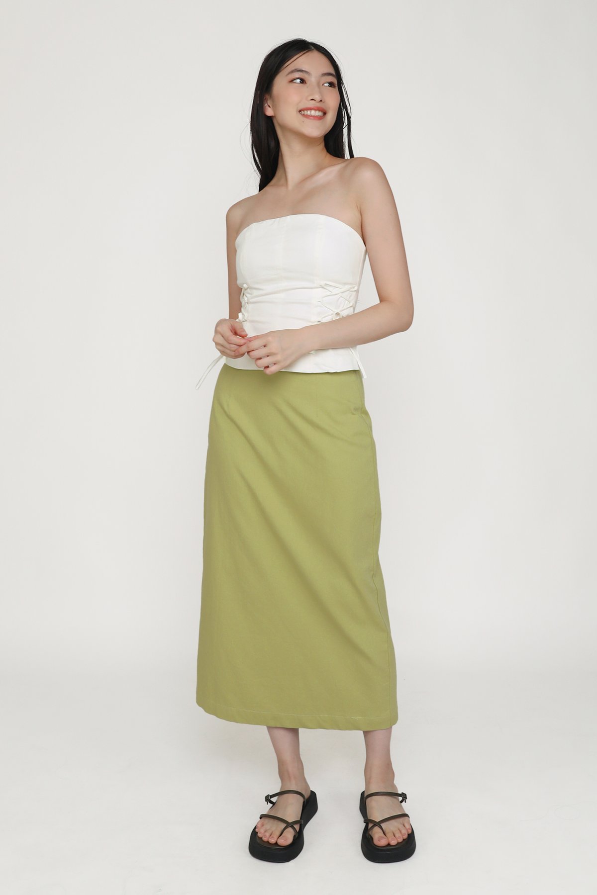 Gilda Linen Midi Skirt (Matcha)