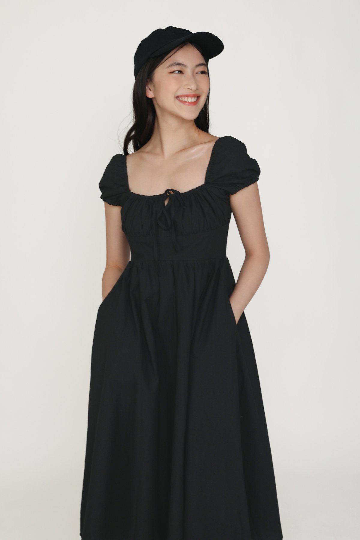 Lanelle Puffy Sleeve Linen Midi Dress (Black)
