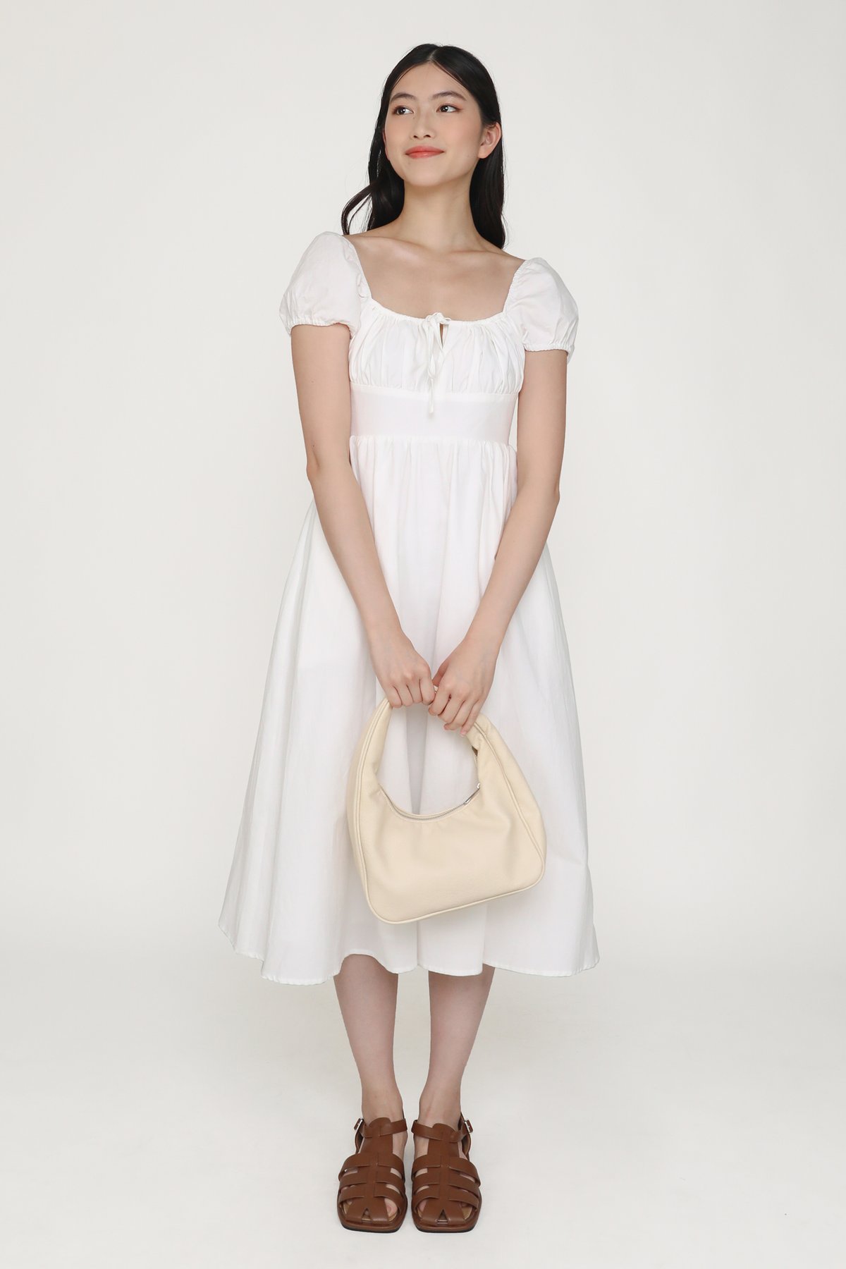 Lanelle Puffy Sleeve Linen Midi Dress (White)