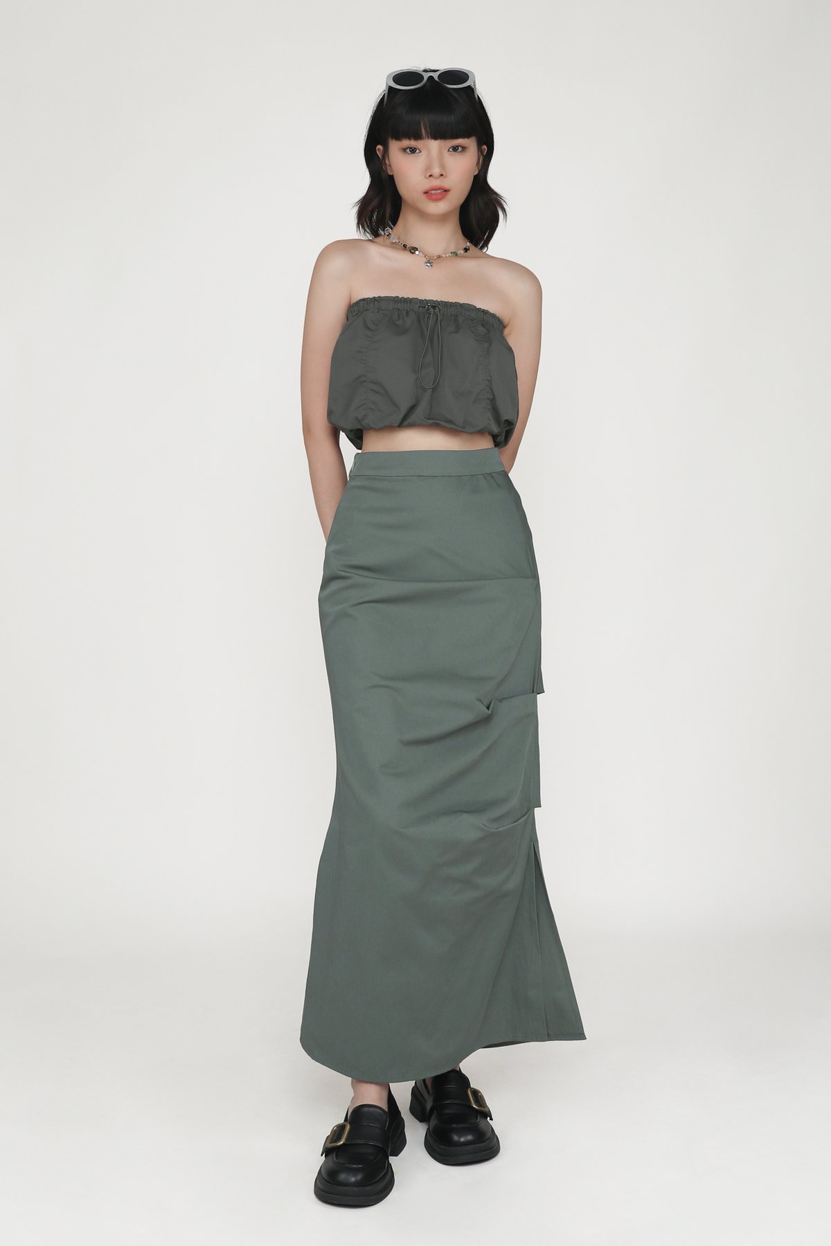 Yuna Ruched Maxi Skirt (Slate Green)