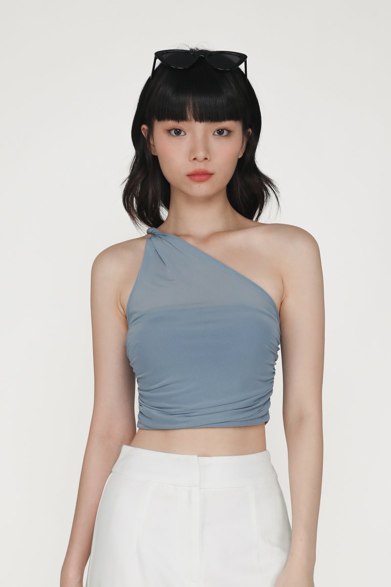 Genevieve Mesh Toga Padded Top (Dusty Blue) | The Tinsel Rack