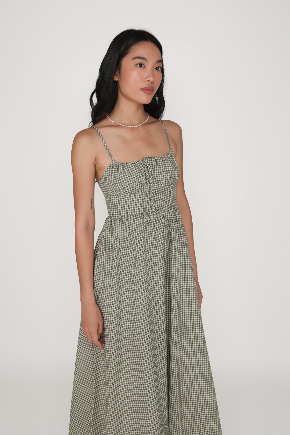 Adeline Ruched Front Drawstring Maxi Dress (Checkered)
