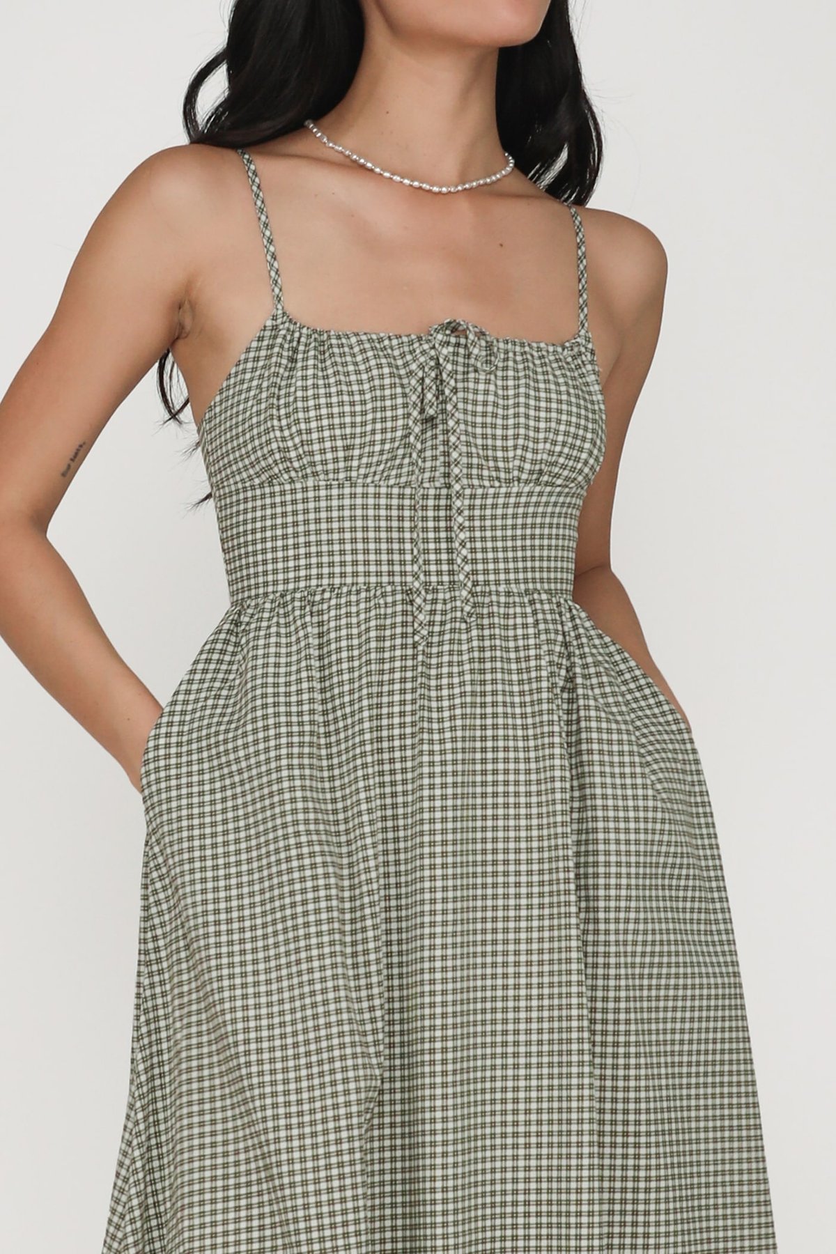 Adeline Ruched Front Drawstring Maxi Dress (Checkered)