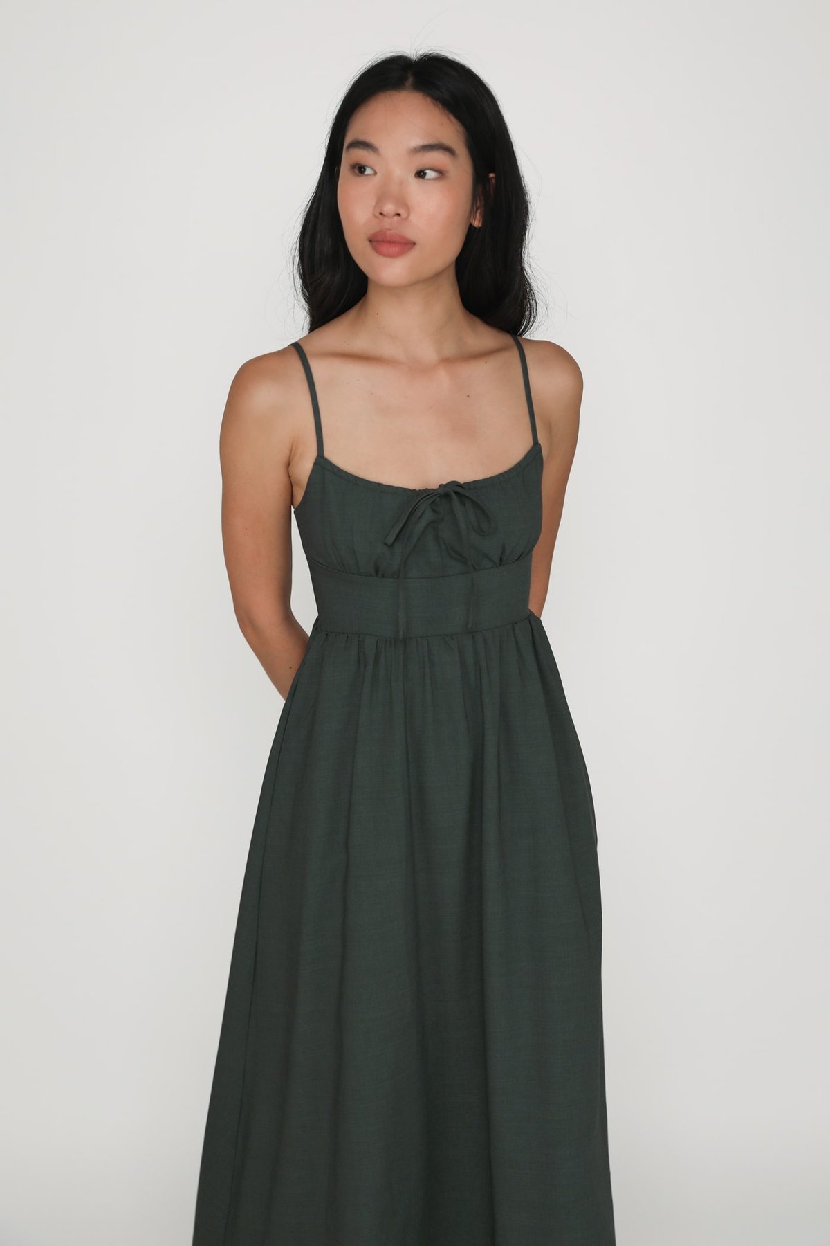 Adeline Ruched Front Drawstring Maxi Dress (Slate Green)
