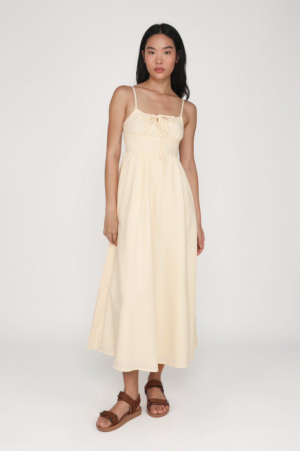 Adeline Ruched Front Drawstring Maxi Dress (Vanilla)