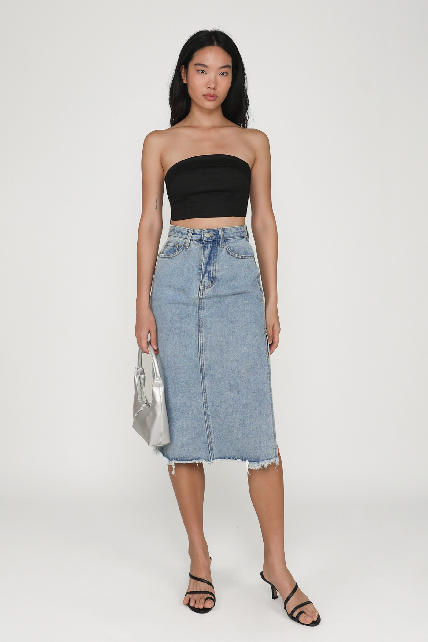 Jada High Slit Denim Midi Skirt (Mid Wash) | The Tinsel Rack