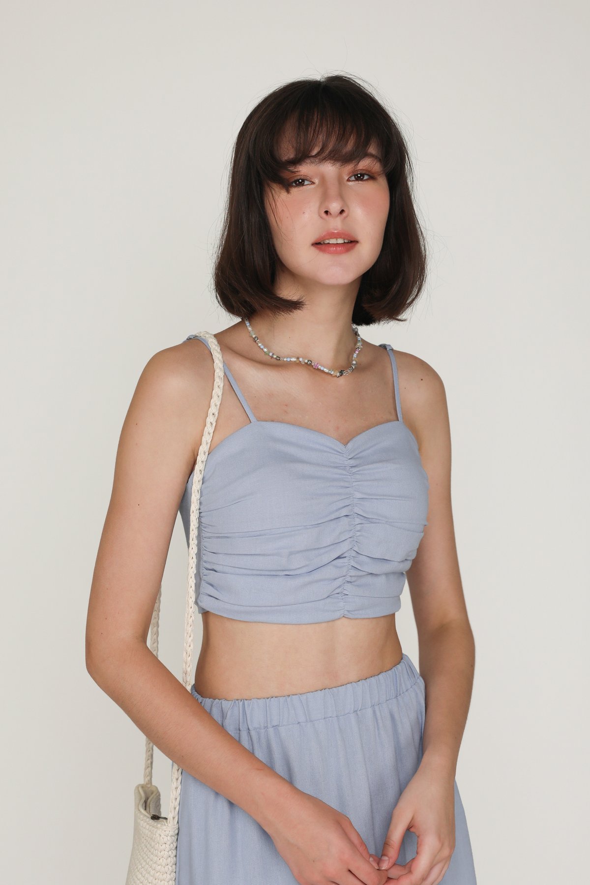 Polina Ruched Linen Crop Top (Sky Blue)