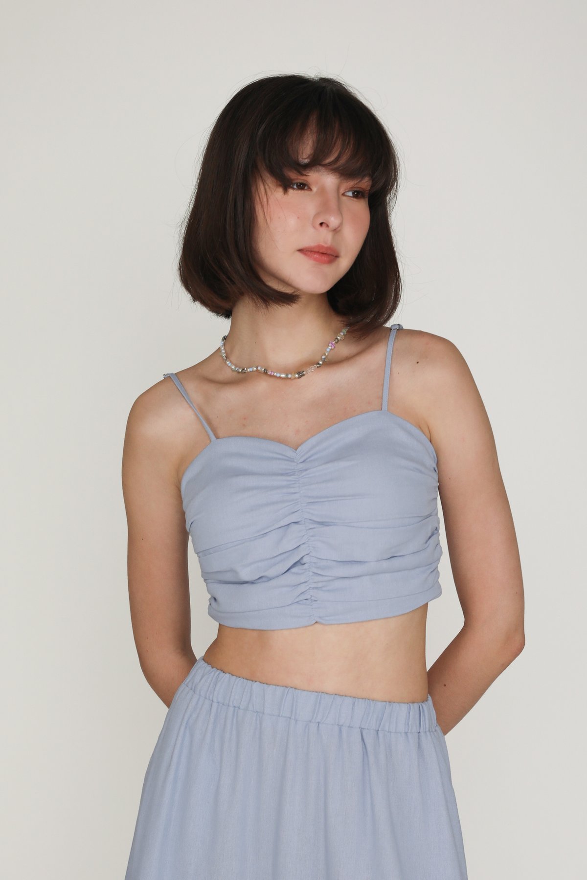 Polina Ruched Linen Crop Top (Sky Blue)