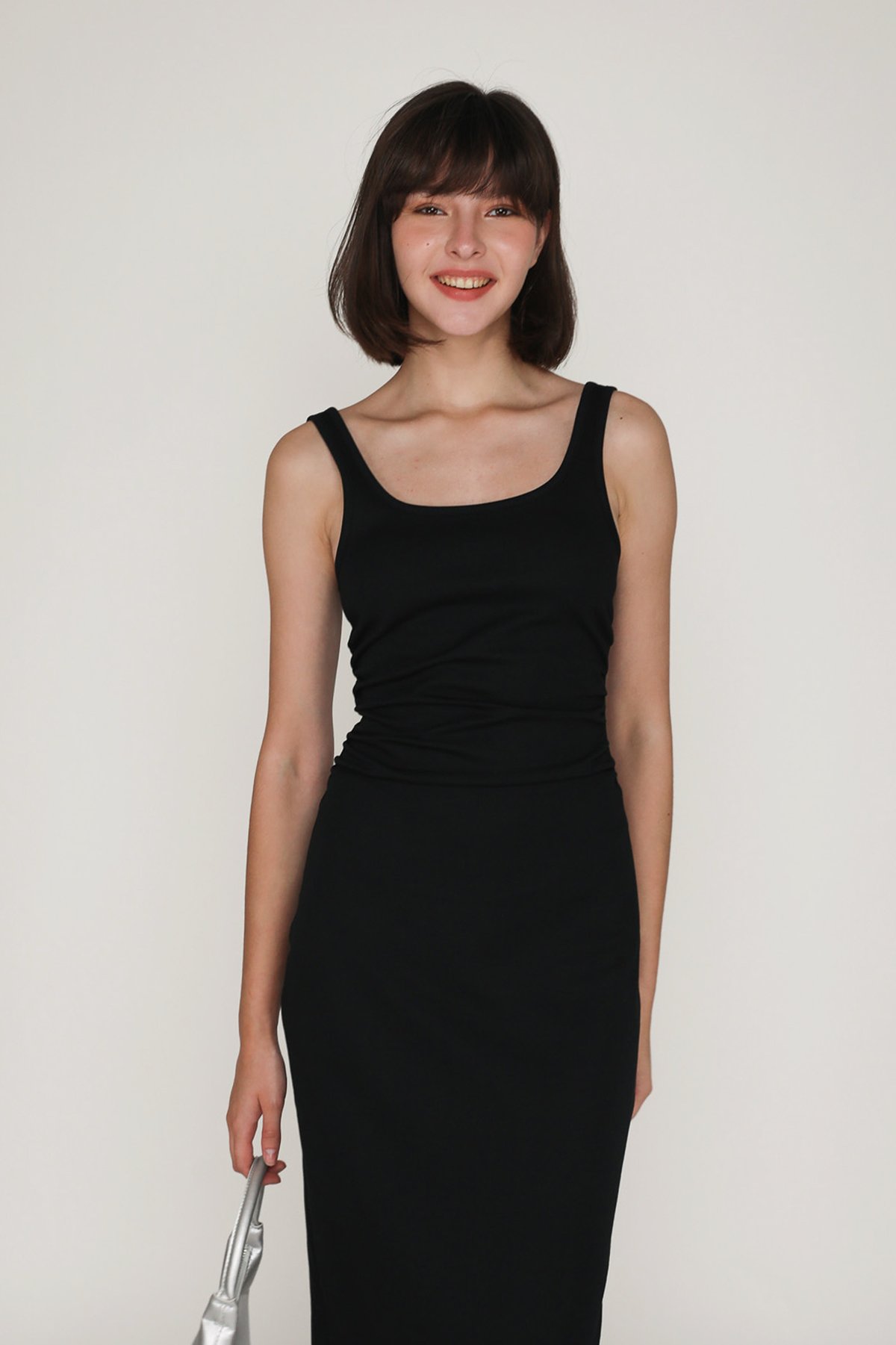 Kourtney Ruched Side Midi Dress (Black)