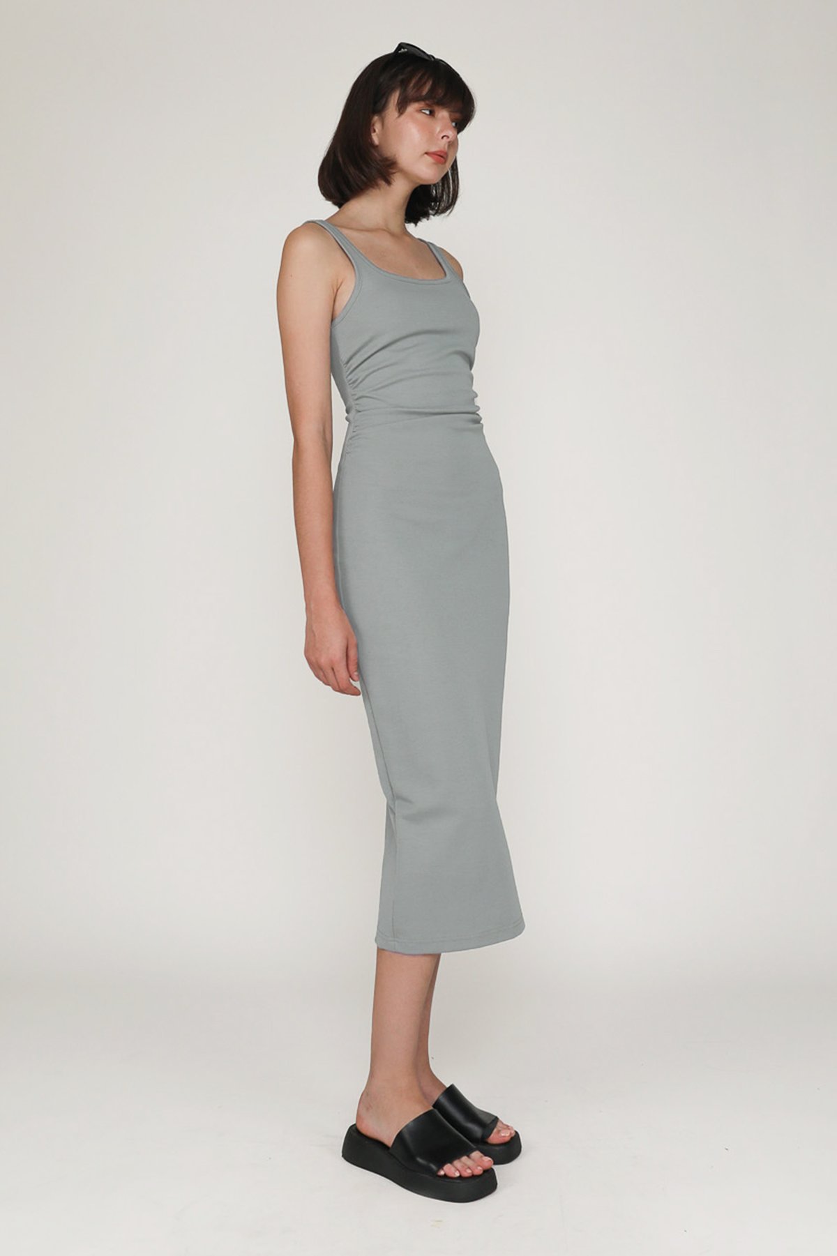 Kourtney Ruched Side Midi Dress (Light Grey)