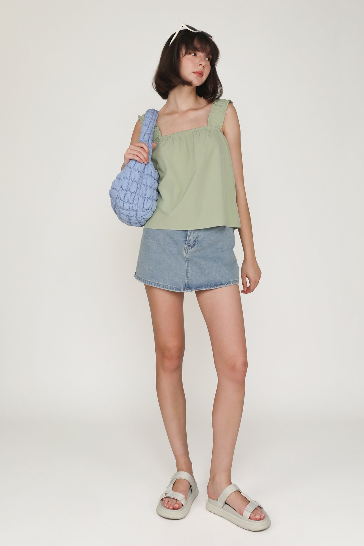 Sebelle Ruched Strap Flare Top (Spring Green)