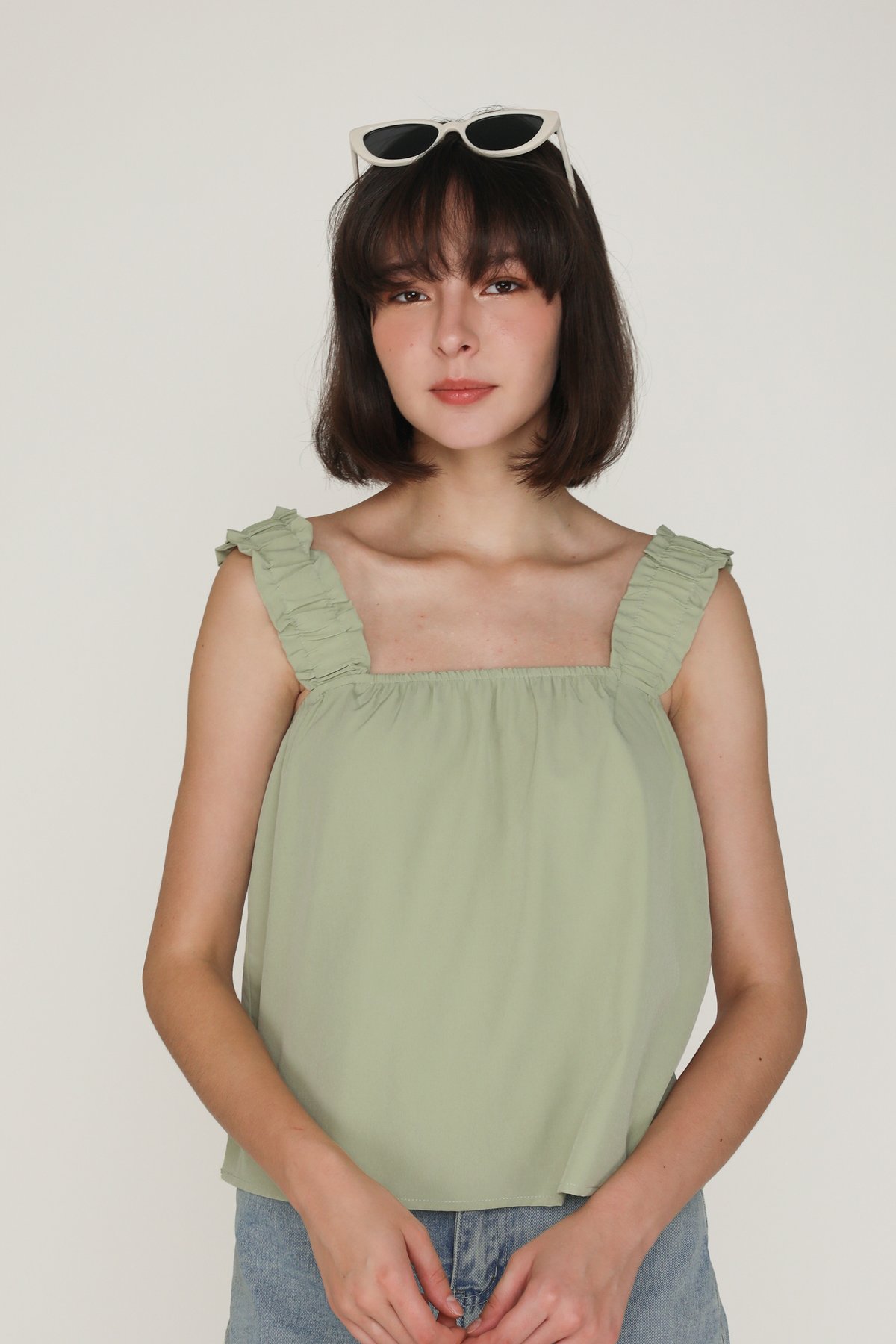 Sebelle Ruched Strap Flare Top (Spring Green)