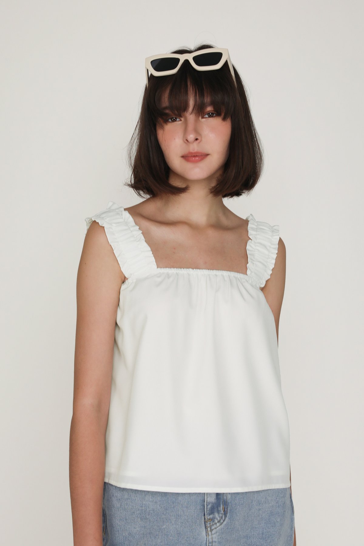 Sebelle Ruched Strap Flare Top (White)