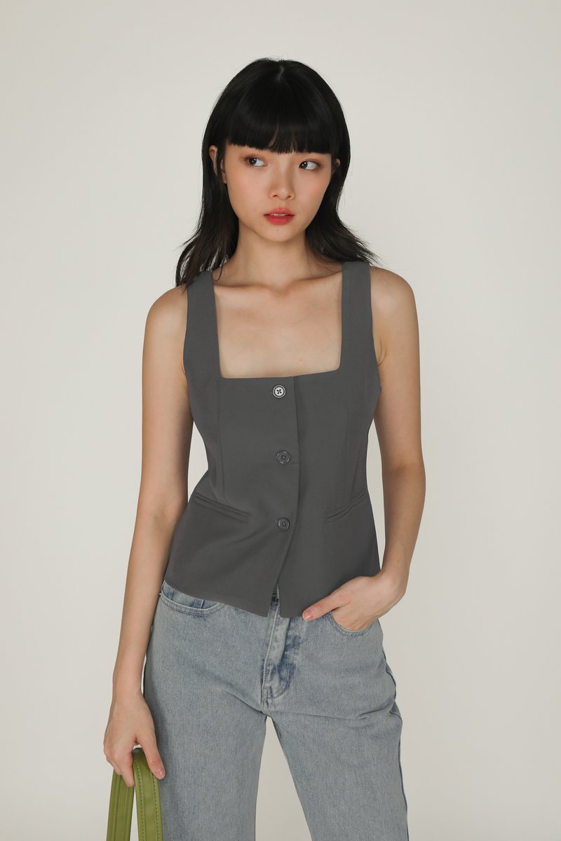 Lydia Tailored Button Top (Dark Grey) | The Tinsel Rack