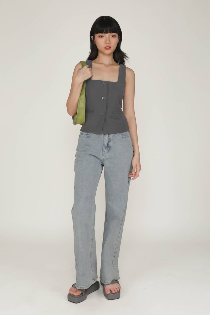 Lydia Tailored Button Top (Dark Grey) | The Tinsel Rack