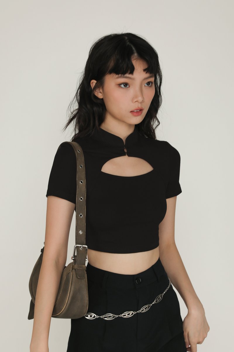 Suki Mandarin Collar Crop Top (Black)