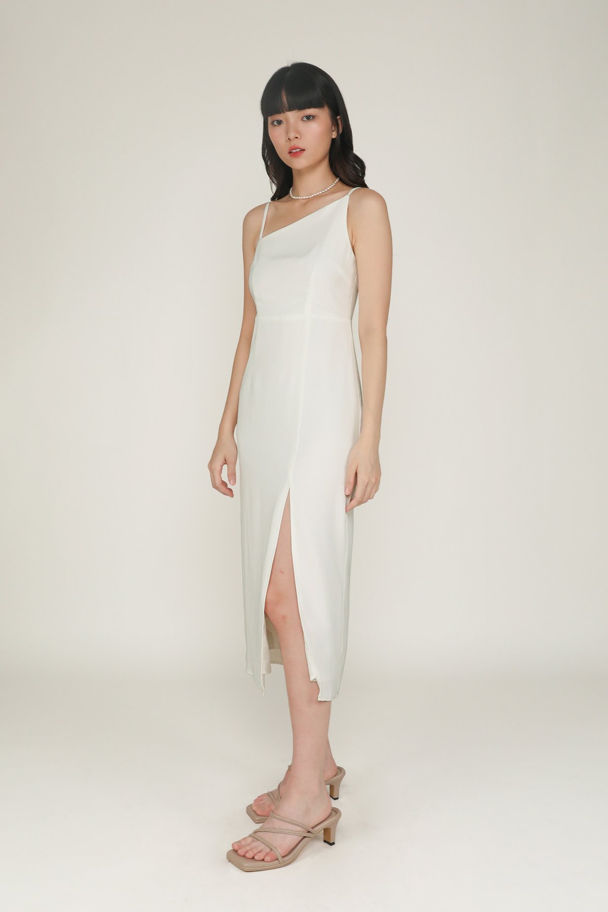Eli Asymmetrical Midi Dress (White)