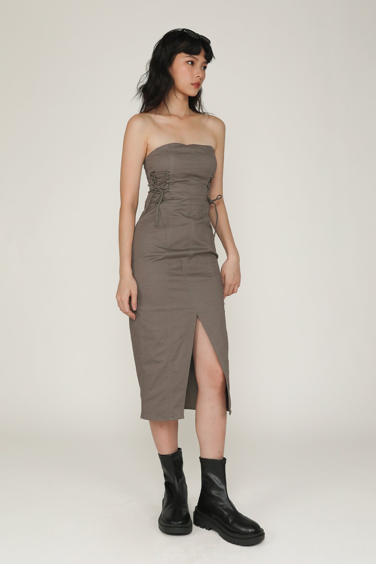Romare Lace Up Tube Padded Dress (Grey)