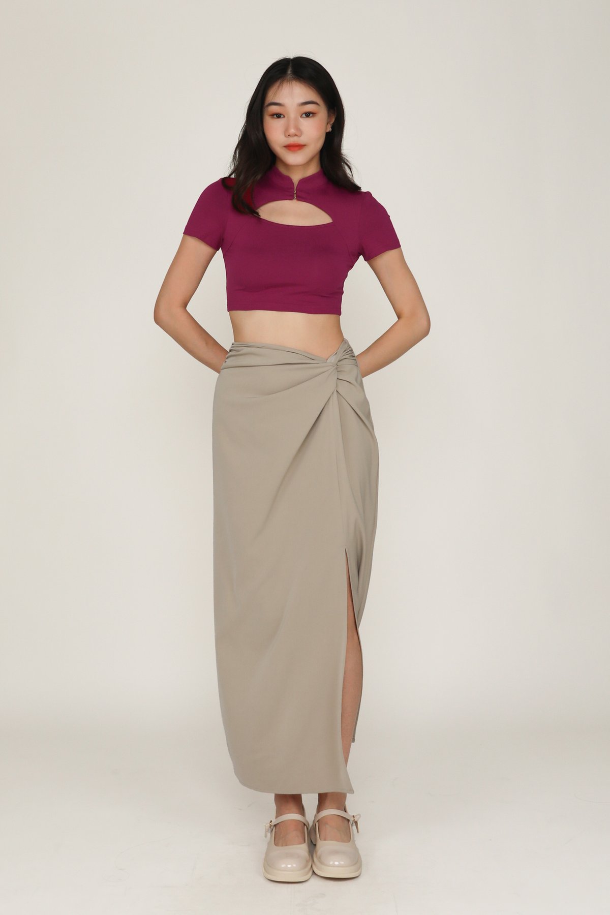 Ava Knot Front Maxi Skirt (Taupe)