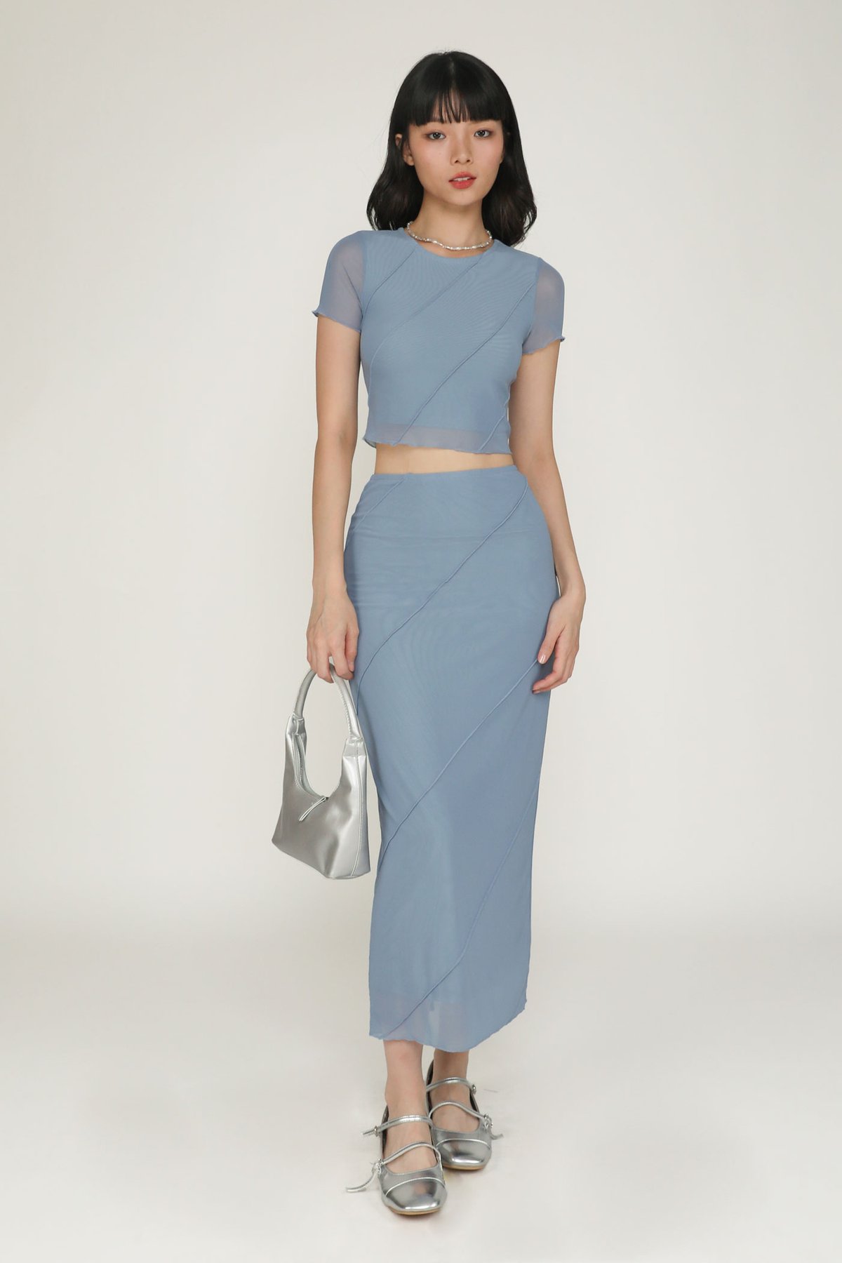 Clarice Mesh Midi Skirt (Dusty Blue)