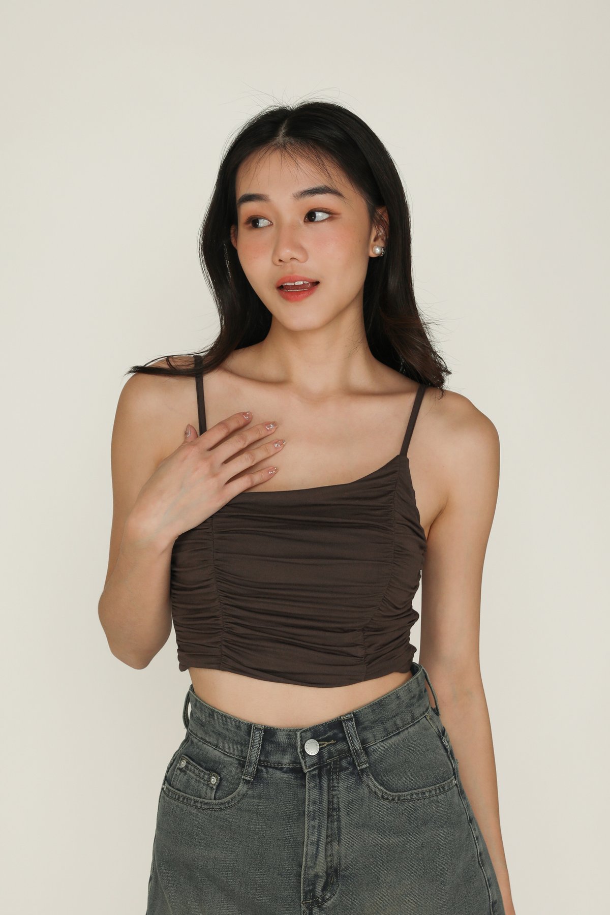 Darcey Asymmetrical Ruched Padded Top (Chocolate)