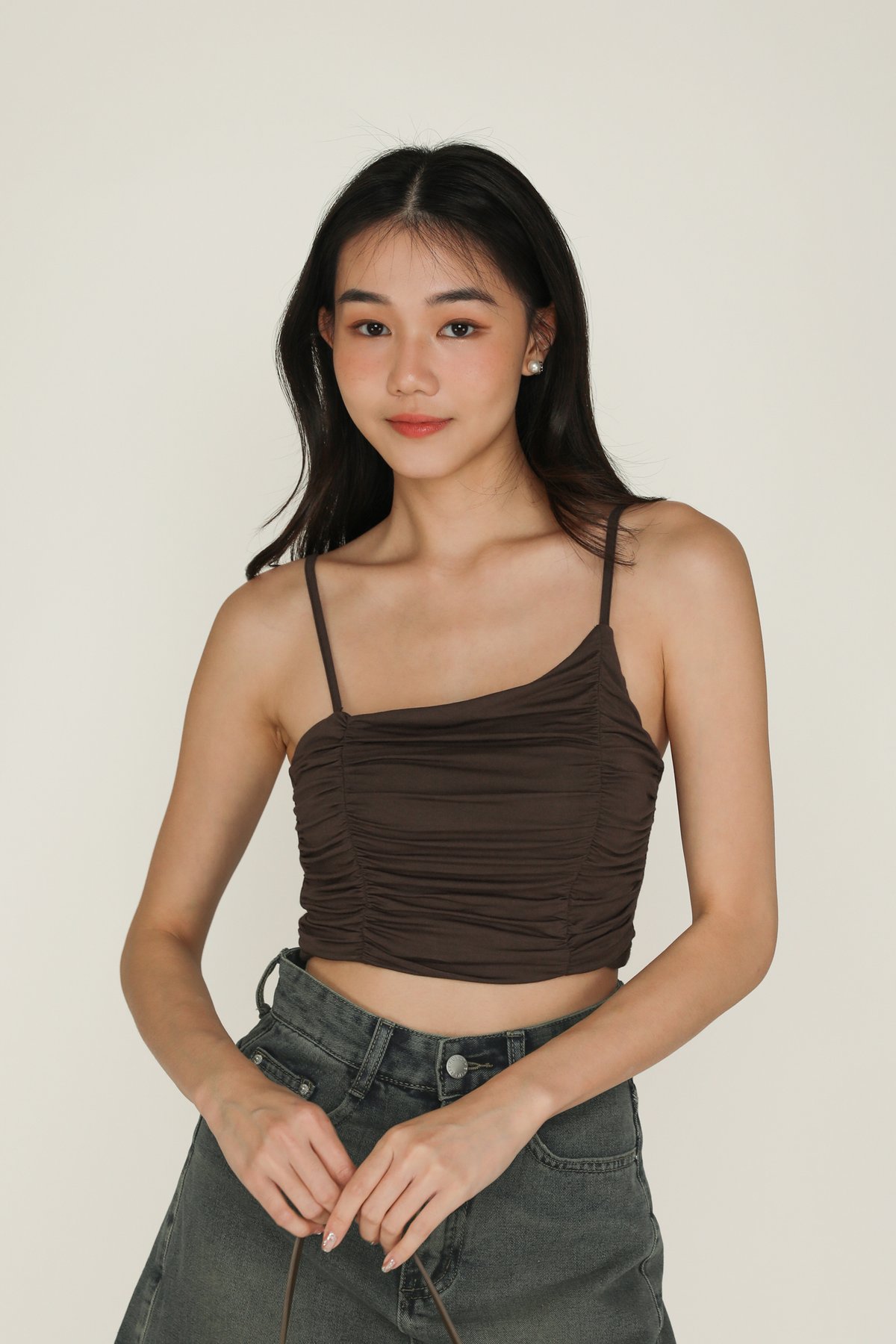 Darcey Asymmetrical Ruched Padded Top (Chocolate)