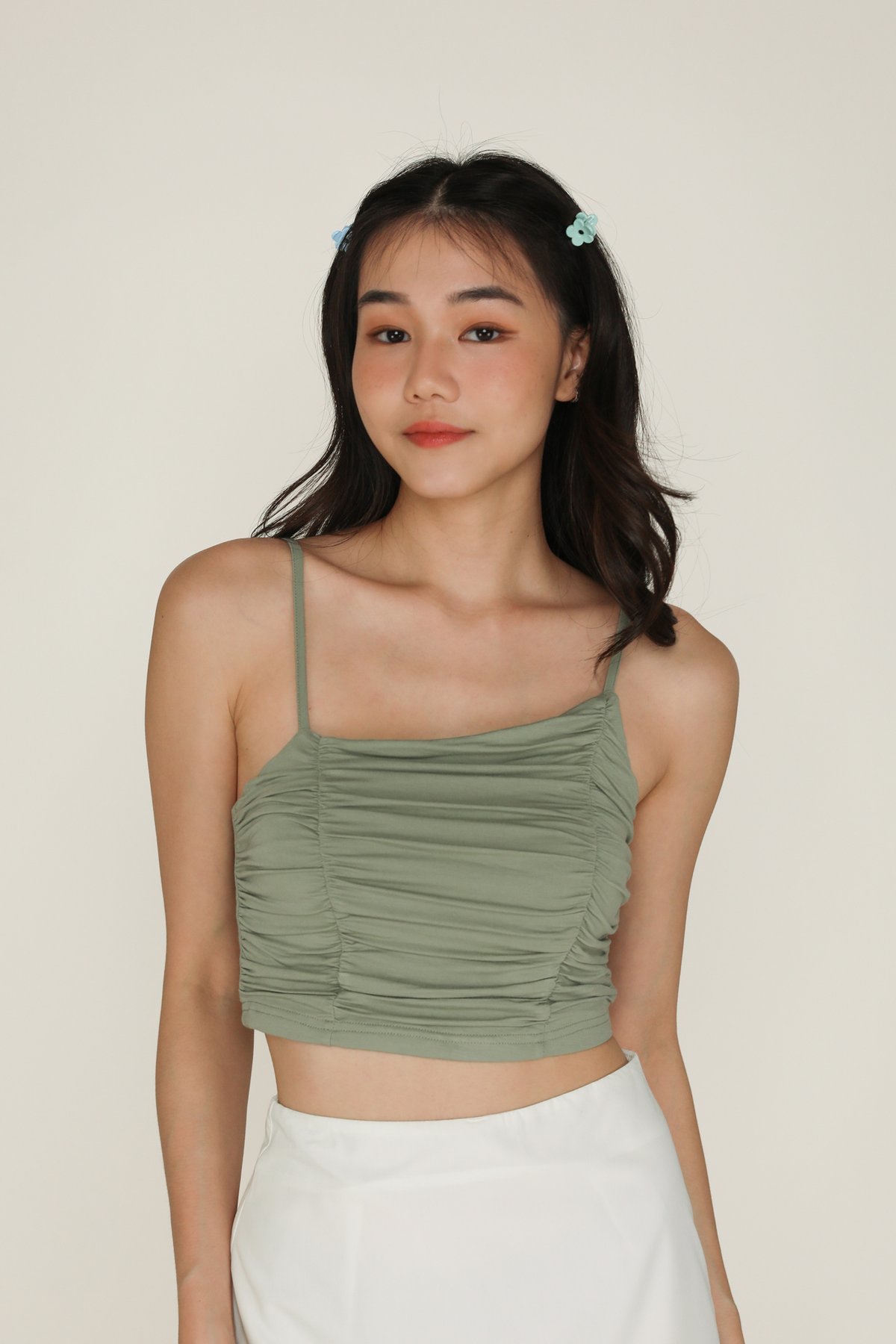 Darcey Asymmetrical Ruched Padded Top (Sage)