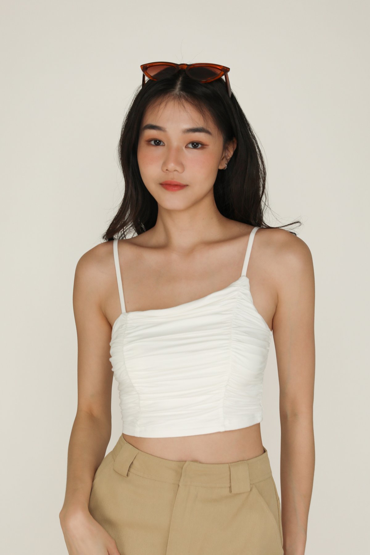 Darcey Asymmetrical Ruched Padded Top (White)