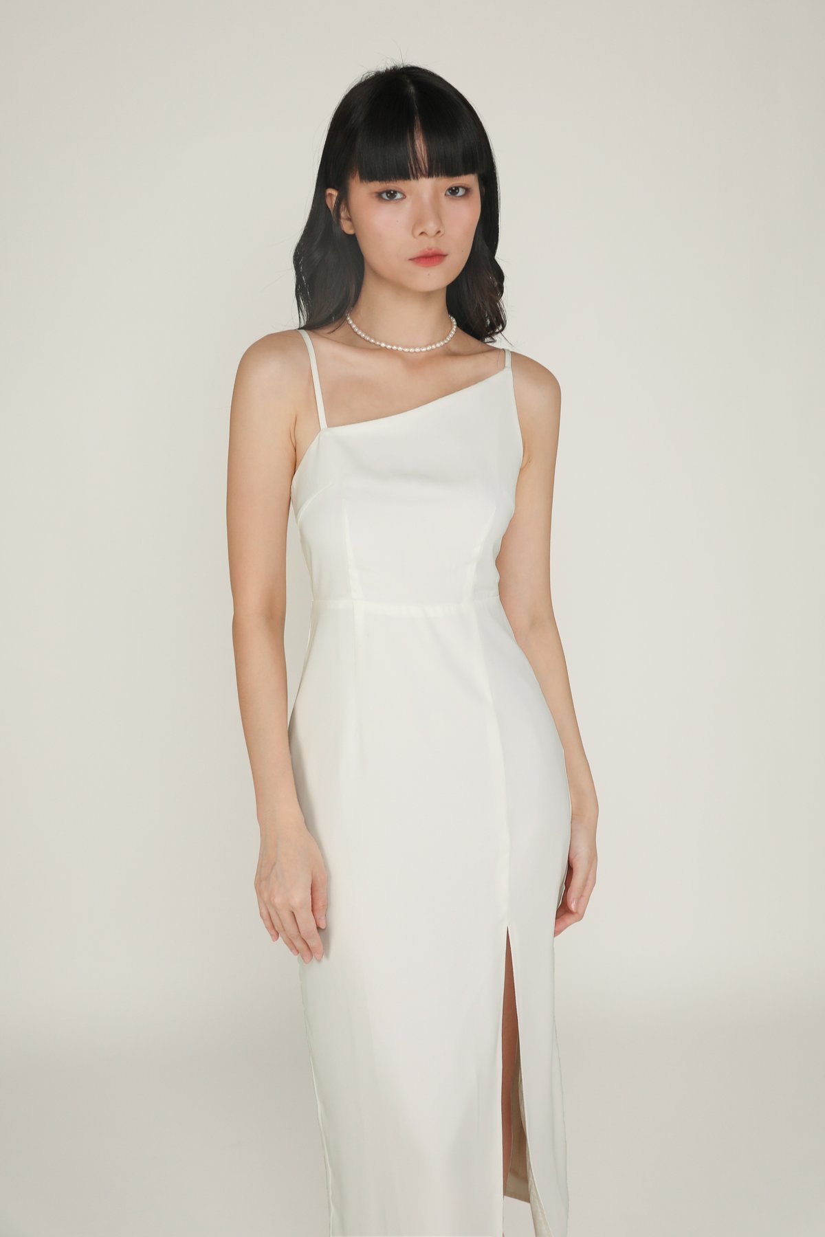 Eli Asymmetrical Midi Dress (White)
