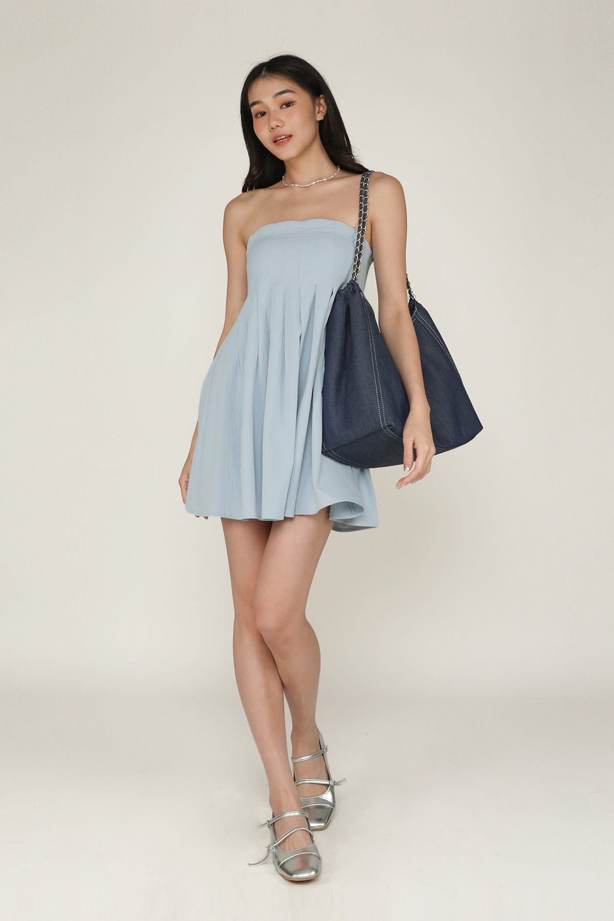 Elodie Pleated Tube Padded Dress (Baby Blue)