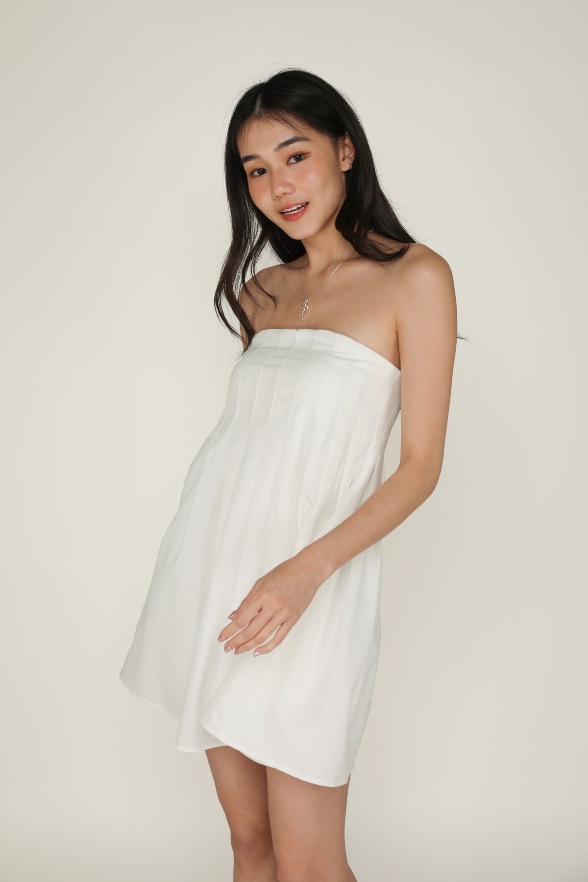 Elodie Pleated Tube Padded Dress (White)