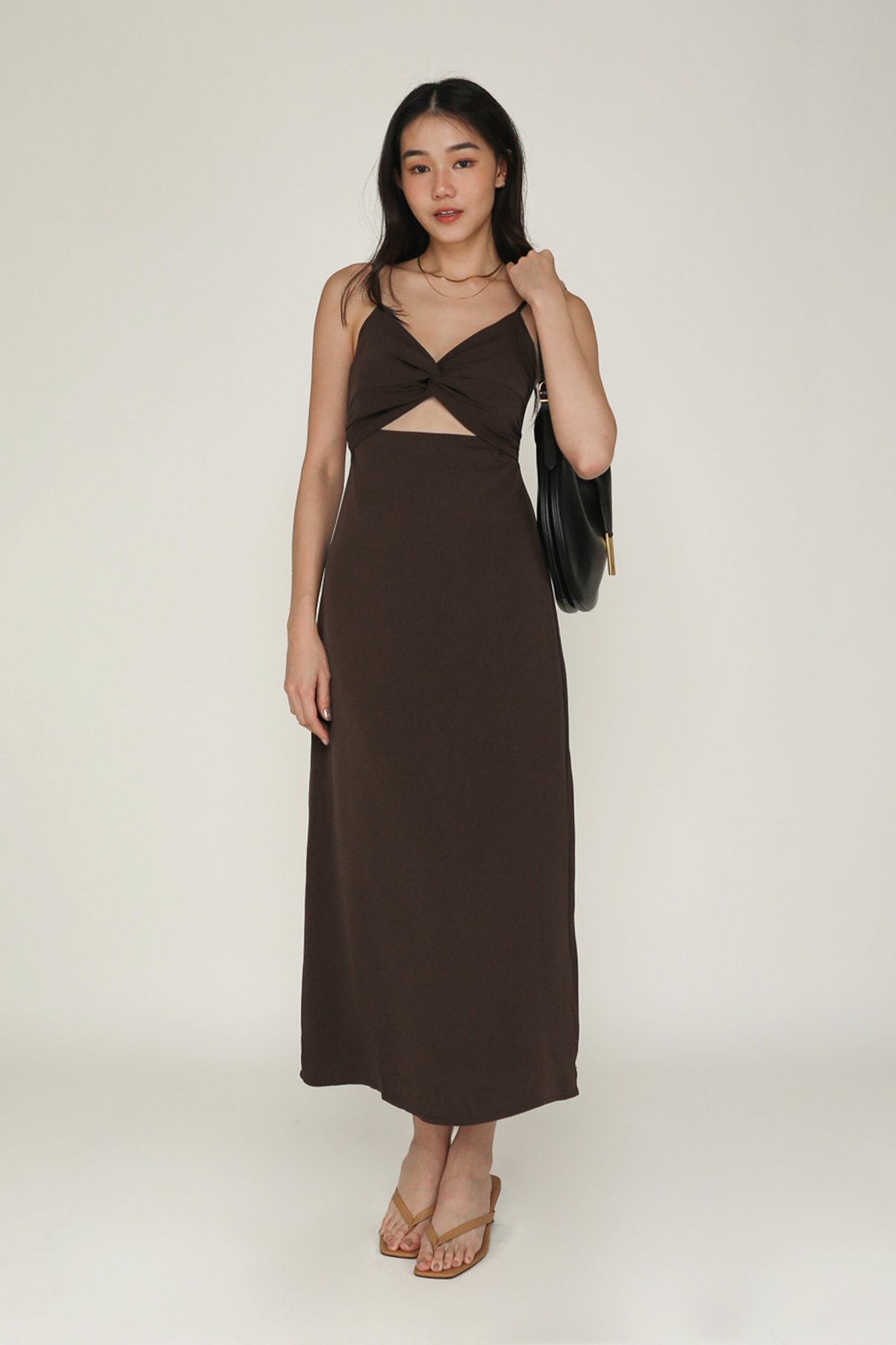 Giana Twist Front Padded Midi Dress (Dark Brown)
