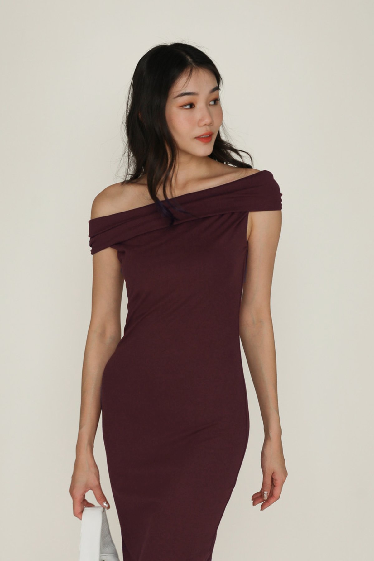 Helena Asymmetrical Shoulder Maxi Dress (Burgundy)