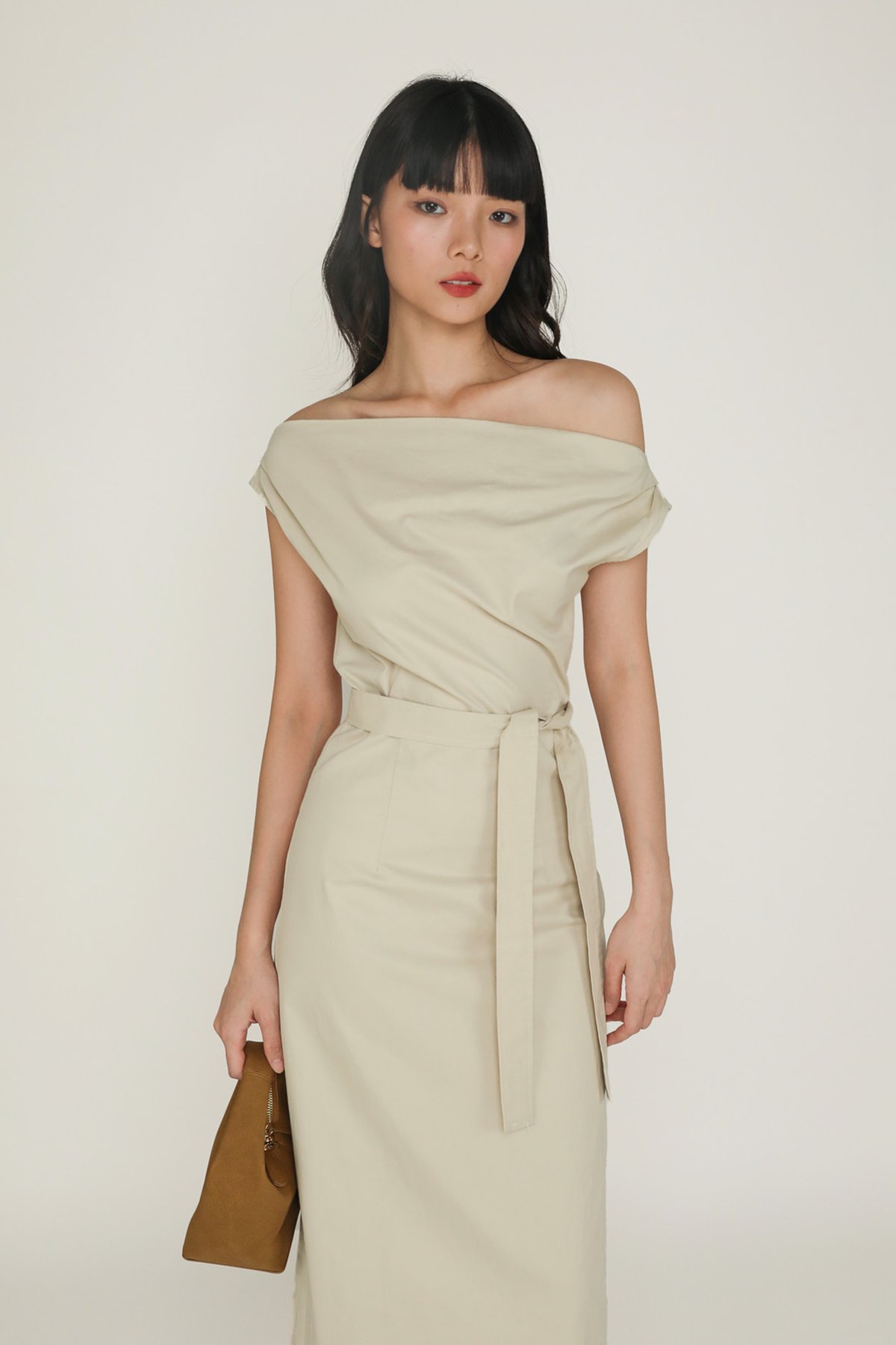 Kael Asymmetrical Shoulder Maxi Dress (Flax)