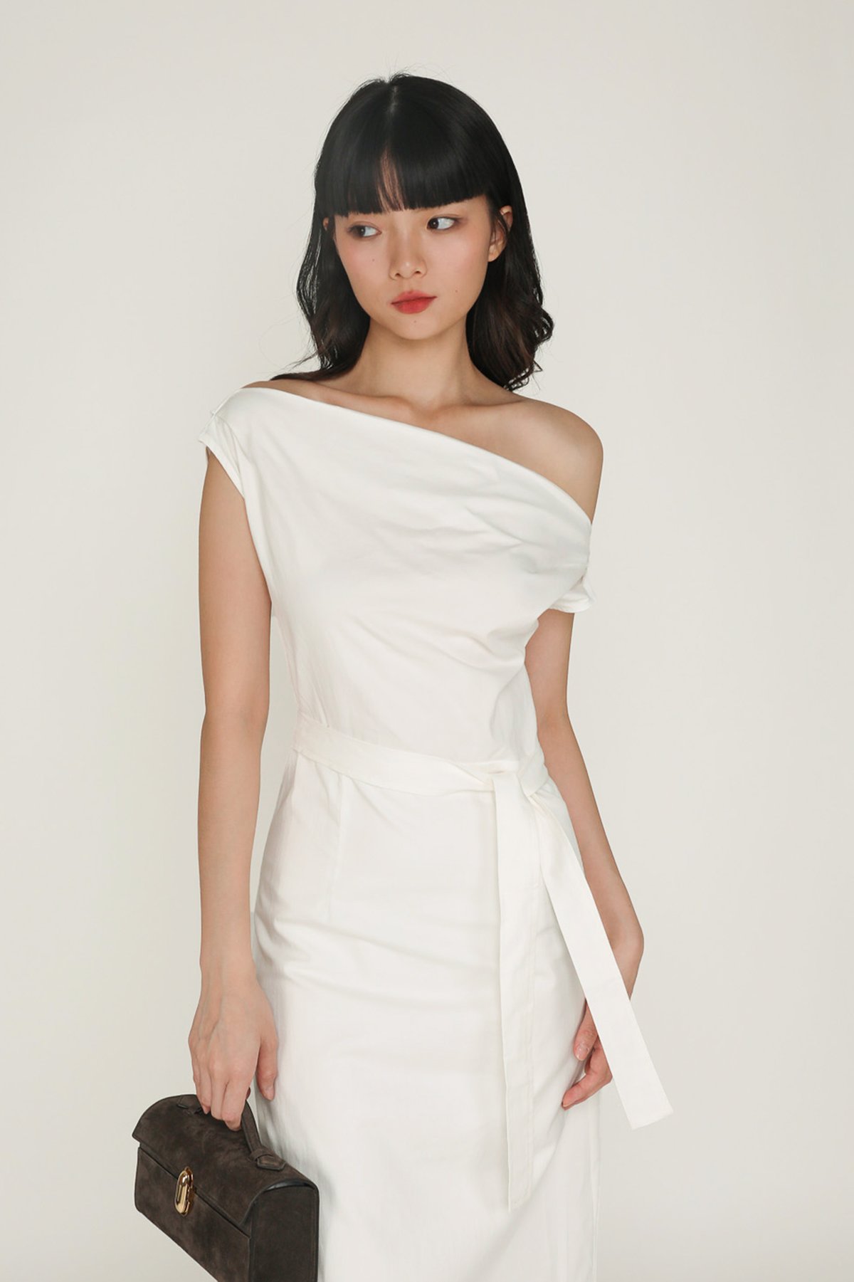 Kael Asymmetrical Shoulder Maxi Dress (White)