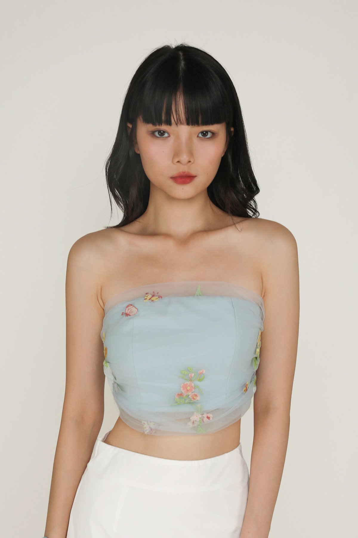 Lareen Embroidery Mesh Tube Padded Top (Sky Blue)
